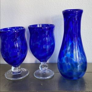 Hand Blown Glass set Colbalt blue GREAT GIFT!